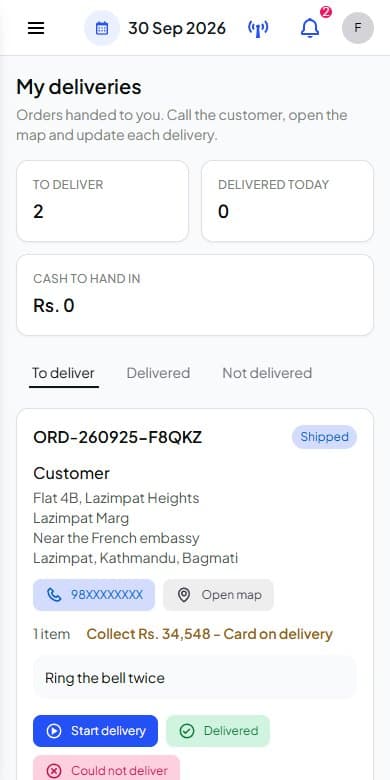 The delivery screen on a rider's phone, showing an order to deliver